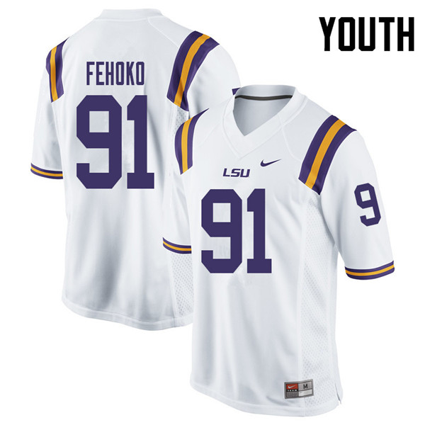 Youth #91 Breiden Fehoko LSU Tigers College Football Jerseys Sale-White